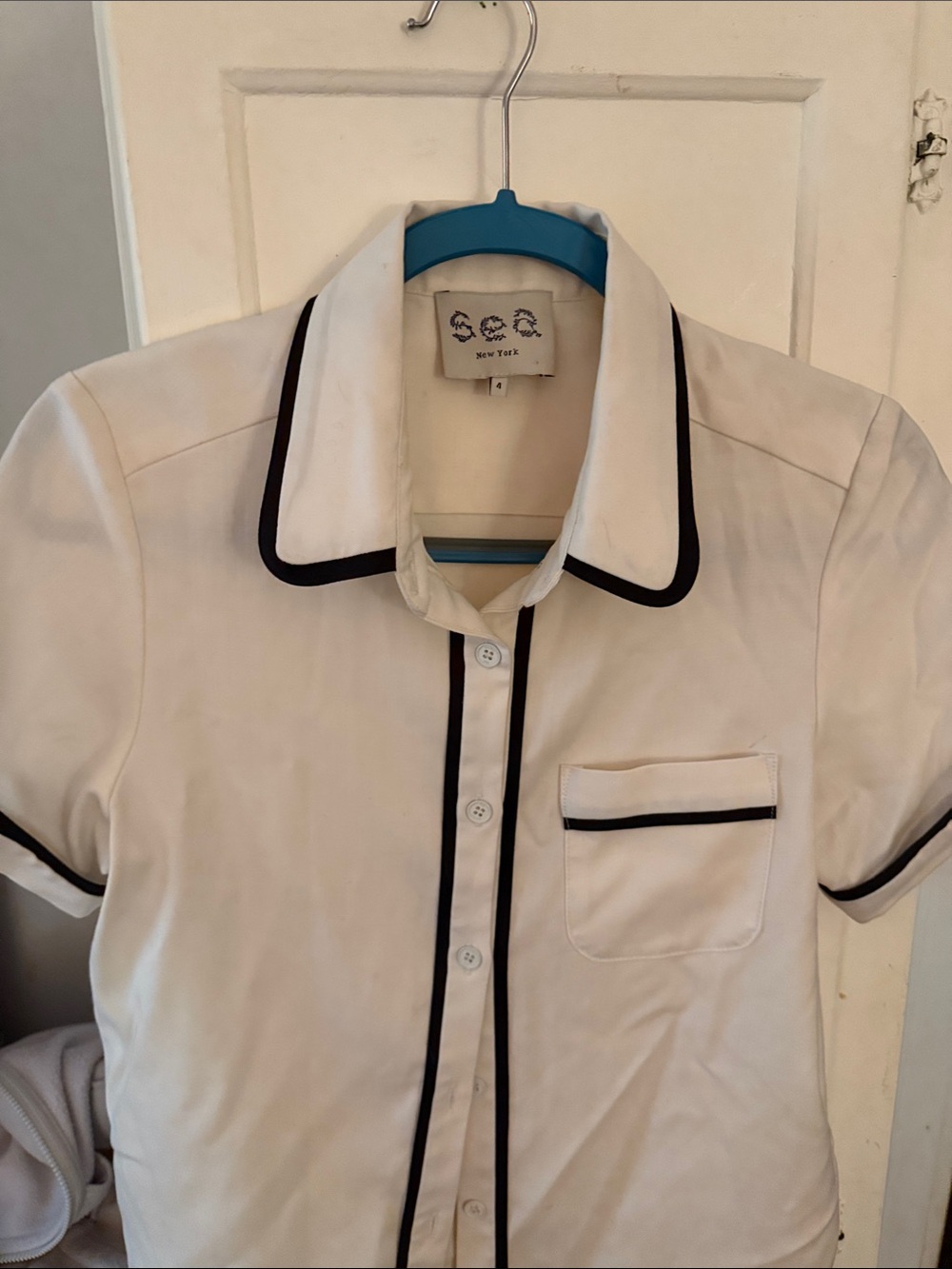 Sea New York White Short-Sleeve Button-Down Shirt with Black Piping